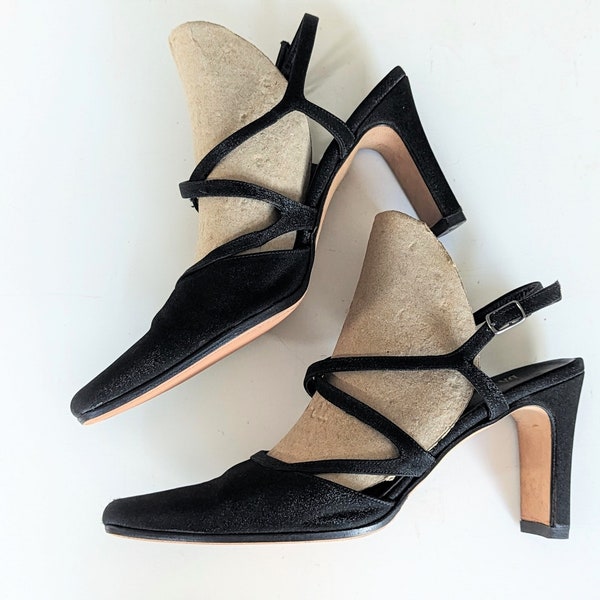 Vintage BLACK HEELS/SHOES by 'Milana' for David Jones Australia *Made in Italy* Leather Soles w. Strappy Satin Uppers Size 37