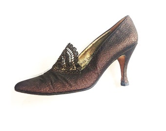 Timothy Hitsman/Alan Pinkus HIGH HEEL SHOES Lacy Golden Bronze and Black 3.5in/9cm Heels ~ Fabric Lace and Leather  *Made in Spain* Size 9 M