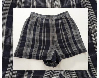 Vintage LADIES SHORTS~ Dark Blue Checked High Waisted Shorts with Cuffs and Full Lining ~ Retro Rockabilly Pin Up Style