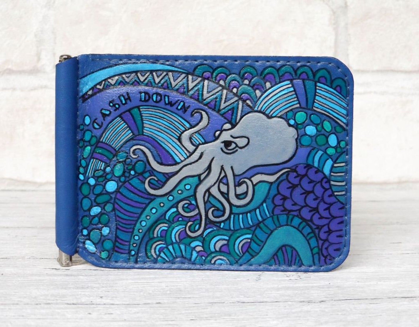 Octopus Slim Leather Wallet Hand Painted Leather Money Clip Etsy