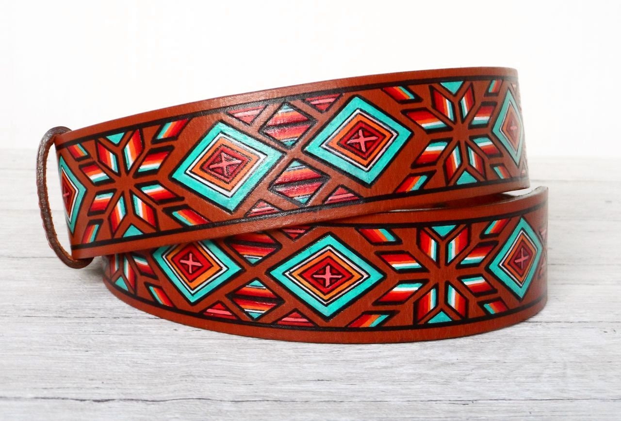 Geometric Pattern Leather Belt Hand Painted Genuine Leather Etsy