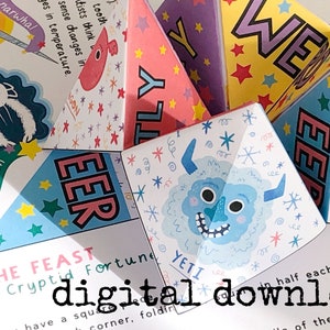 Op de afbeelding: Een kleurrijk, printbaar spel voor kinderen met mythische wezens. Het spel heet "And the Feast: Beastly Cryptid Fortune". Het spel is een waarzegster met verschillende wezens aan elke kant. Het spel is een digitale download.
