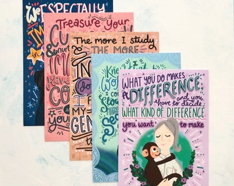 Set of five A5 women in science illustrated postcards  volume 2 - STEM - lettering - inspirational quote - mathematics - engineering - tech