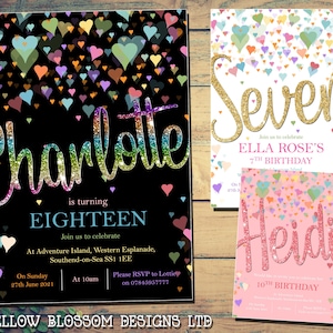 IMPRIMABLE NUMÉRIQUE TÉLÉCHARGEABLE Invitations personnalisées Anniversaire Enfants Adulte Rainbow Hearts Girlie Glitter Effect Rose Violet