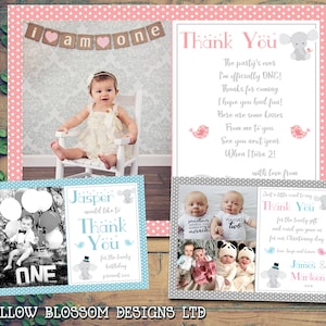 10 Personalisierte Geburtstag Dankeschön Karte Foto Taufe Taufe Tag Zeremonie Jungen Mädchen Zwillinge Unisex Jungen Mädchen Rosa Blau Grau Silber