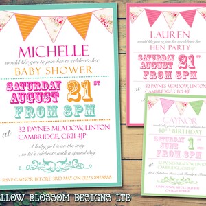IMPRIMABLE NUMÉRIQUE TÉLÉCHARGEABLE Shabby Chic Bunting Garden Fête d’anniversaire personnalisée Célébration Invitations Baby Shower Hen Party 50th 60