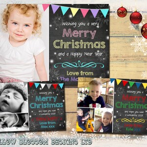 Bündel von 10 Kinder Personalisierte Weihnachtsgrußkarten Pack + Umschläge Kreidetafel Wimpelkette flach oder gefaltet Dankeschön Notizen innen leer