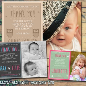 10 Tarjeta fotográfica conjunta Bautizo Cumpleaños Nombramiento Día Celebraciones Bautismo Tarjetas de agradecimiento personalizadas Boy Girl Twins Owls Stars Copos de nieve