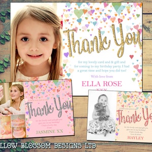 10 Personalisierte Dankeschön Fotokarten Notizen Geburtstag Kinder Erwachsene Regenbogen Herzen Girlie Glitzereffekt Rosa Lila Liebe Taufe Namensgebung
