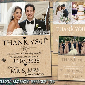 10 rustikale Herzen Schmetterlinge Hochzeit Dankeskarten Personalisiert Mr und Mr mit gedruckten Fotos Mr & Mrs Folded Flat Postkarten Mrs und Mrs
