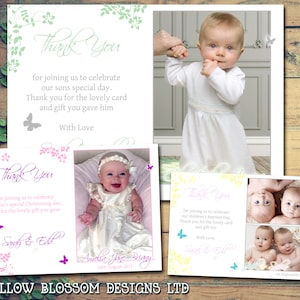 10 Jungen Mädchen Zwillinge Unisex Taufe Geburtstag Namensgebung Tag Taufe Personalisiert Dankeskarten Gedruckt Fotos Schmetterlinge Blumen Grün Gelb