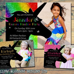 Personalised Childrens Birthday Invitations Printed Invites Boy Girl Joint Party 1st 2nd 3rd 4th 5th Unicorn Magical Rainbow Photo Card Kids image 1