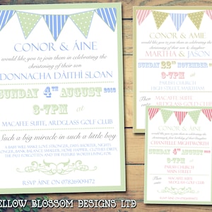 10 Invitations au baptême Baptême Anniversaire Cérémonie de baptême Jour Garçons Filles Jumeaux Unisexe Joint Imprimé Bunting Stripes Points Vert Bleu Rose