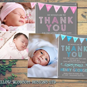 10 Naissance Bébé Nouveau-né Annonce Merci Cartes Garçon Fille Jumeaux Unisexe Carnaval Photo Imprimée Personnalisé Sur Mesure Bunting Merci Funky