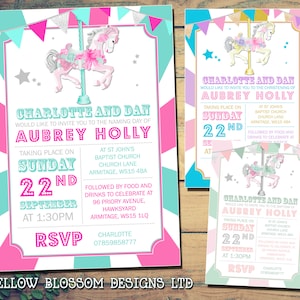 10 Buntes Pferd Karussell Karneval Poster Personalisierte Taufe Namenstag Taufe Einladungen Gemeinsame Girlie Mädchen Gedruckt Invites Girl