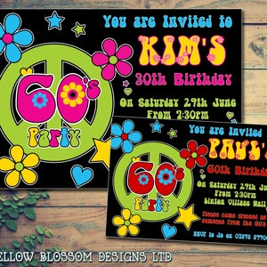 IMPRIMIBLE DIGITAL DESCARGABLE Invitaciones personalizadas para la celebración de fiestas de cumpleaños Impresas Para adultos de 60 años 60 Temáticas invita a la paz Amor Hippie