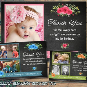 10 bedruckte Dankeskarten mit Foto Junge Mädchen Zwillinge Gemeinsame Party Taufe Geburtstag Namenstag Taufe Rosa Grün Blau Rosen Vintage Schwarz