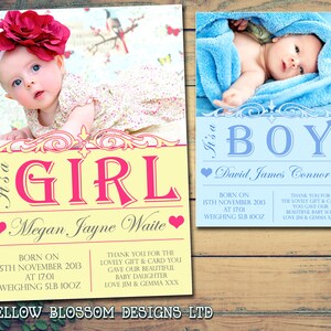 10 Boy Girl Baby New Born Anuncio Gracias Tarjetas Gemelos Unisex Carnaval Impreso Foto Personalizada a Medida Circo Amarillo Azul Rosa Gris