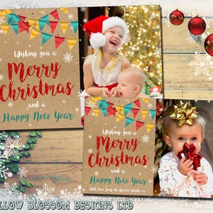 10 Personalisierte Weihnachts Foto Grußkarten Shabby Chic Rustikal Vintage Canival Wimpelkette Junge Mädchen Familie Unisex Danke Klappkarten