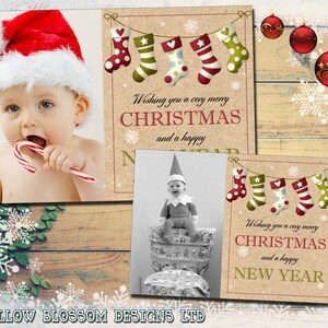 10 gepersonaliseerde kerstfoto wenskaarten jongen meisje tweeling familie unisex dank u gevouwen kaarten kinderen shabby chic rustieke vintage kous