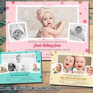 May include: Three pink, blue, and yellow invitations with a polka dot pattern. Each invitation has a photo of a baby and the text "Please join us to celebrate the christening of..." followed by the baby's name. The invitations also include the date, time, and location of the christening.