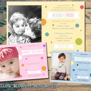 10 gemeinsame Einladungen Personalisierte Taufe Namenstag Taufe Einladungen Gedruckt Jungen Mädchen Zwillinge Polka Dots Funky Klassisch Rosa Blau Gelb