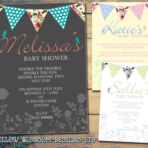 10 inviti personalizzati per baby shower, ragazzo, ragazza, gemelli, unisex, feste congiunte, bandierine, shabby chic, vintage, rustico, rosa, blu, verde