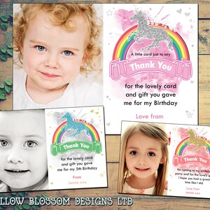 10 Personalisierte Mädchen Geburtstag Danke Foto Karten Foto Kinder Kinder Regenbogen Einhorn Girlie Starts Herzen Pink Orange Gelb Blau Grün