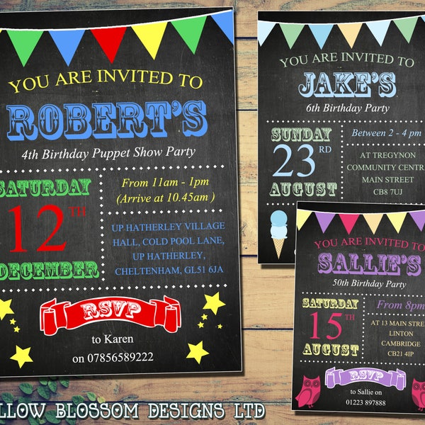 PRINTABLE DIGITAL DOWNLOADABLE Chalkboard Bunting Poster Style Invitations Ice Cream Party Invites Owls Boys Girls Twins Joint Personalised