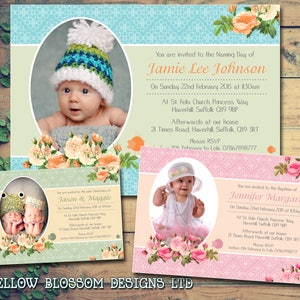 10 battesimo compleanno cerimonia di denominazione battesimo personalizzato ragazzo ragazza gemello unisex foto congiunta invita rose fiori verde acqua arancione verde crema