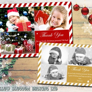 10 rayures élégantes Photo imprimée Noël Cartes de remerciement Carte postale pliée Enfants personnalisés Enfants Bébé Enfant Garçon Fille Jumeaux Amusant Frères et sœurs