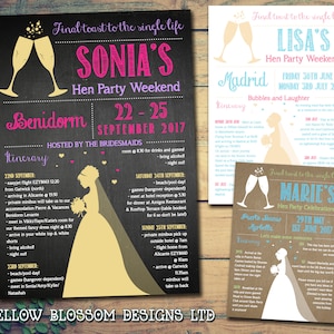 10 Bride Hen Night Weekend Itinéraire Party Invitations Champagne Glass Invites Rose Violet Blanc Crème Tableau Noir Sur Mesure Personnalisé Mignon