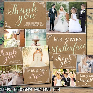 10 cartes de remerciement de mariage personnalisées avec des photos imprimées Cartes postales plates pliées Rustique Shabby Chic Barn Farm Brown Kraft Effet Arrière-plan