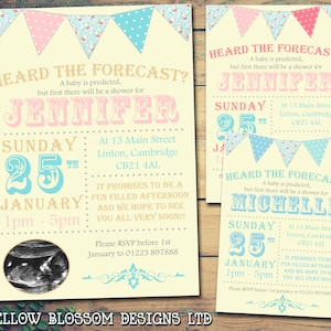 10 Personalisierte Babypartyeinladungen Jungen Mädchen Zwillinge Unisex Gemeinsame Party Feiern Heard The Forecast Cath Kidston Wimpelkette Shabby Chic