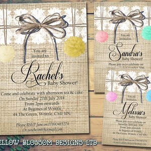 10 inviti personalizzati per baby shower Ragazzo Ragazza Gemelli Celebrazioni per feste congiunte unisex Pompon rustici Pizzo bianco Spago marrone Giallo verde