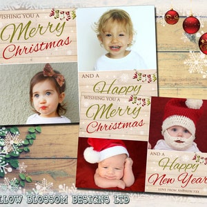 10 Personalisierte Weihnachts Foto Grußkarten Jungen Mädchen Zwillinge Familie Unisex Dankeschön Klappkarten Kinder Shabby Chic Rustikal Nautral Holz