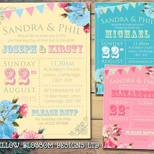 10 Batizado Aniversário Cerimônia de Nomeação Dia Convites de Batismo Menino Menina Gêmeos Unissex Joint Poster Bunting Rosas Shabby Chic Rústico Vintage