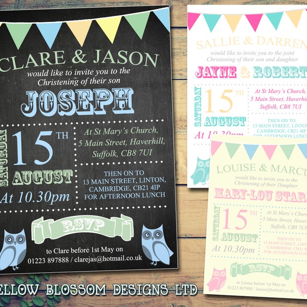 10 Christening Birthday Naming Day Baptism Personalised Boy Girl Twin Unisex Joint Birthday Bunting Poster Chalkboard Owls Pink Blue Green