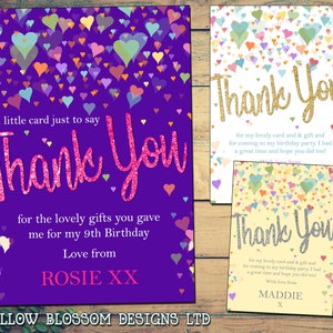10 Cartes de remerciement personnalisées Notes Anniversaire Enfants Adulte Rainbow Hearts Girlie Glitter Effect Pink Purple Love Cute Baptême Nom