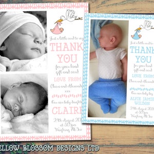 10 huellas de cigüeña Nacimiento Bebé Recién nacido Anuncio Gracias Tarjetas Boy Girl Twins Fotos impresas unisex Personalizadas a medida Azul rosa