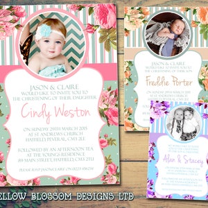 10 Taufe Geburtstag Namenstag Taufe Personalisiert Junge Mädchen Zwilling Unisex Gemeinsame Vintage Rose Foto Invite Girlie Lila Rosa Grün Orange