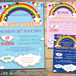 IMPRIMABLE NUMÉRIQUE TÉLÉCHARGEABLE Rainbow Birthday Party Invitation Enfants Enfant Invite Multi Couleur Personnalisé Bunting Garçon Fille Baptême