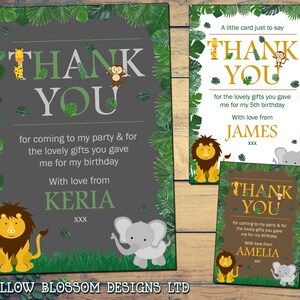 10 cartes de remerciement personnalisées Anniversaire Jungle Safari Animaux Éléphant Girafe Singe Lion Baptême Jour de nommage Enfants Portrait d’enfant