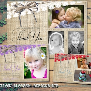 IMPRIMIBLE DIGITAL DESCARGABLE Encaje Natural Hessian Rústico Vintage Shabby Tarjetas de Agradecimiento Foto Boy Girl Twins Joint Bautizo Cumpleaños