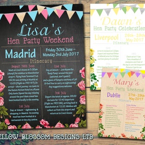 10 despedidas de soltera itinerario de fin de semana Invitaciones a fiestas Bunting Shabby Chic Vintage Rosa Azul Limón Púrpura Verde a medida Rosas personalizadas Flores