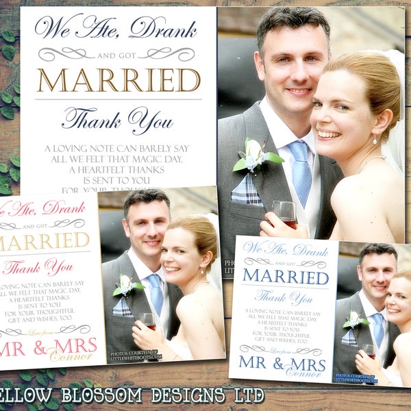 10 Wedding Thank You Cards Personalised Printed Photo Mr & Mrs Folded Blank Flat Postcards Eat Drink Be Married We Ate Drunk And Got Married