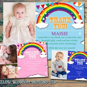 10 Regenbogen Dankeskarten mit Foto Junge Mädchen Zwillinge Gemeinsame Party Taufe Geburtstag Helle Farben Bunt Wimpel Rot Grün Gelb Blau