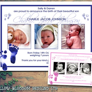 10 Baby Neugeborene Ankündigung Dankeskarten Jungen Mädchen Rosa Blau Fußabdrücke Gedruckt Fotos Personalisierte Maßgeschneiderte Kinder Gemeinsame Zwillinge