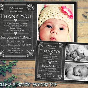 10 vintage Naissance Bébé Nouveau-Né Annonce Fancy Tableau Noir Cartes De Remerciement Garçon Fille Jumeaux Unisexe Photo Imprimée Personnalisée Sur Mesure Blanc