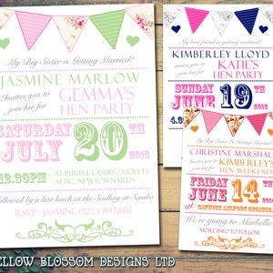 10 Shabby Chic Bunting Carnival Hen Night Weekend Itinéraire Party Invitations Sur mesure Personnalisé Rose Vert vintage Navy Orange Floral